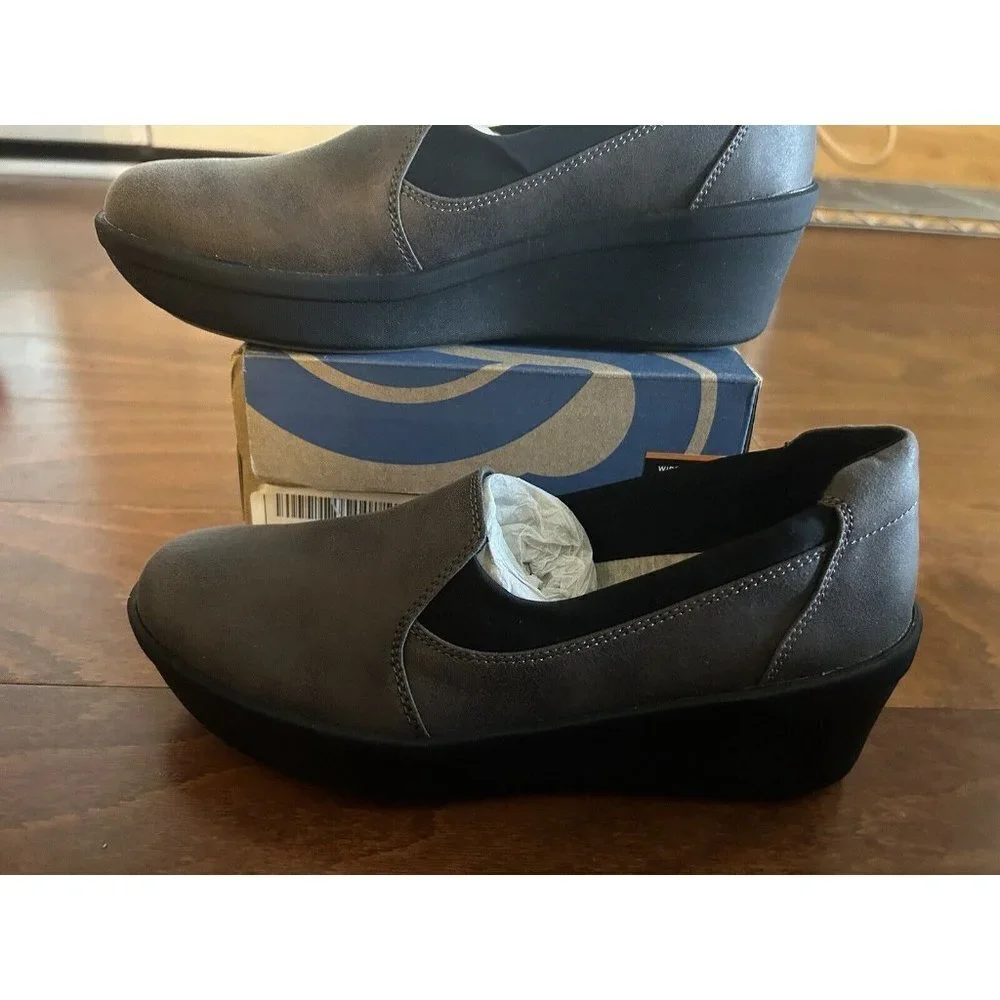 Clarks Women's Step Rose Moon Platform Gray & Black Wedge Shoes‎ NEW 6.5 W